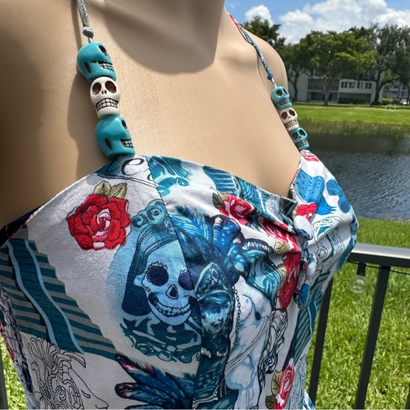 Hell Bunny Amor Eterno (Eternal Love) white,blue,red spaghetti strap dress Sz S - Picture 15 of 16